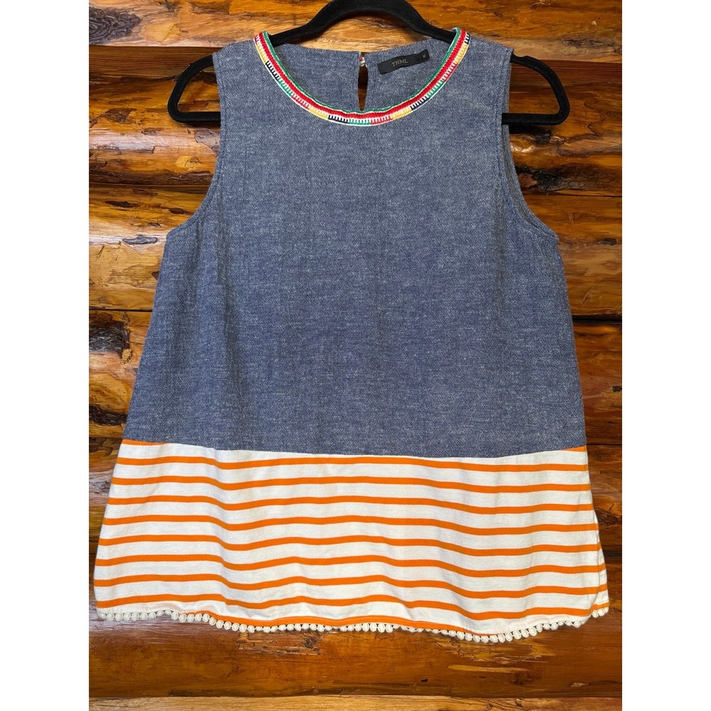 THML Sleeveless Striped Tank Top with Pom Pom Trim Size Medium